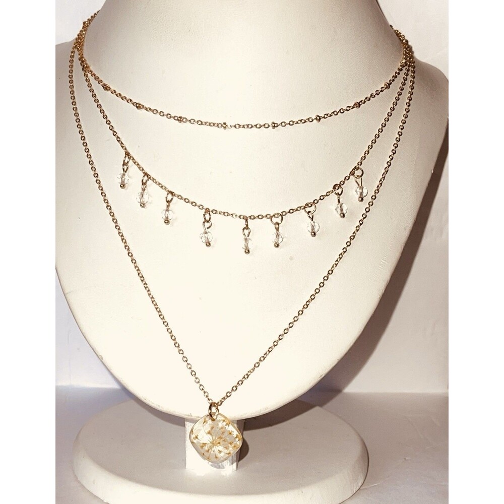 Necklace Gold Toned 3 Tiered Chain Acrylic Pendant Faceted Beads 14”15”18” Icing